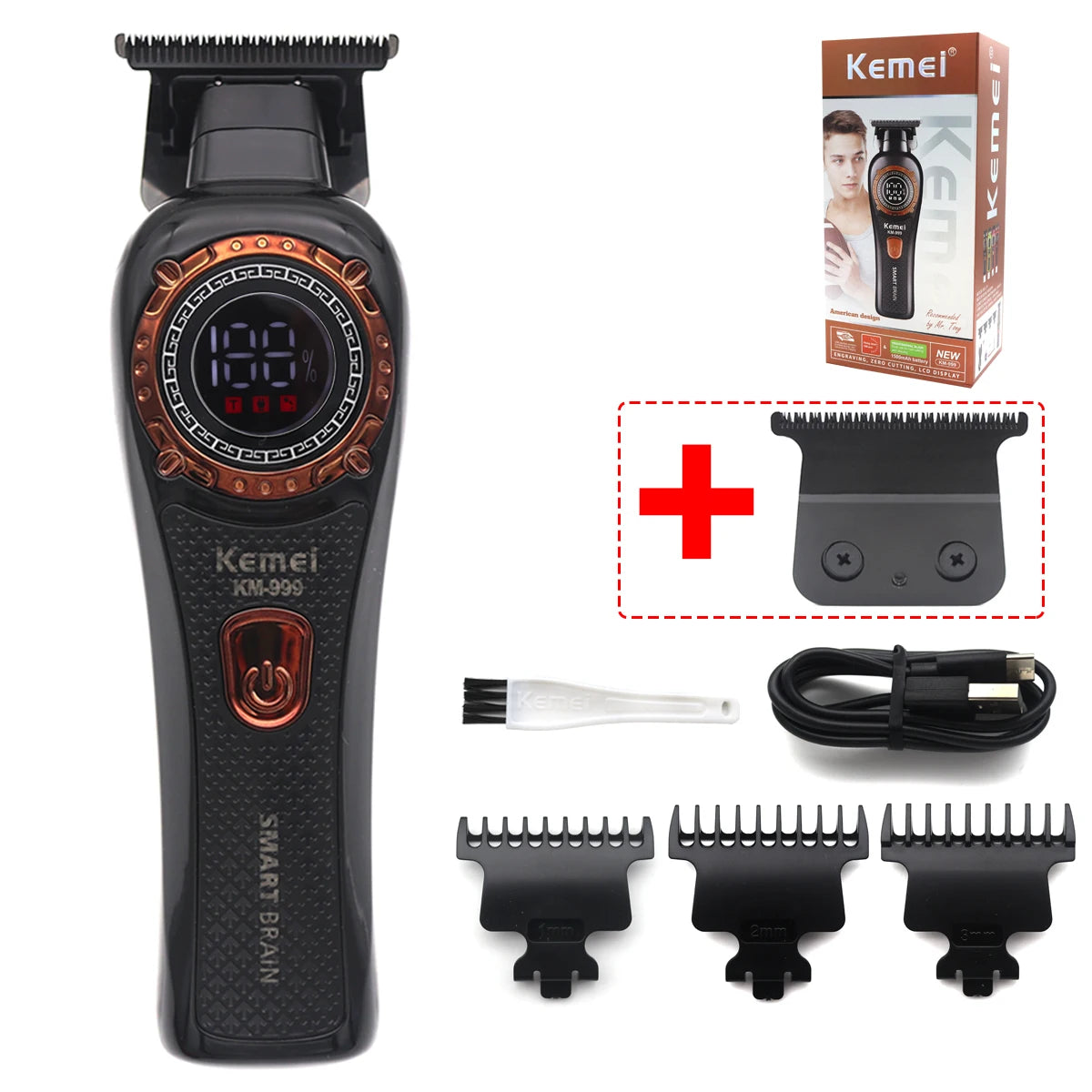 KM-999 Hair Trimmer for Men DLC T-Blade Zero Gapped LED Display Cordless USB Professional Hair Clipper Finishing Machine
